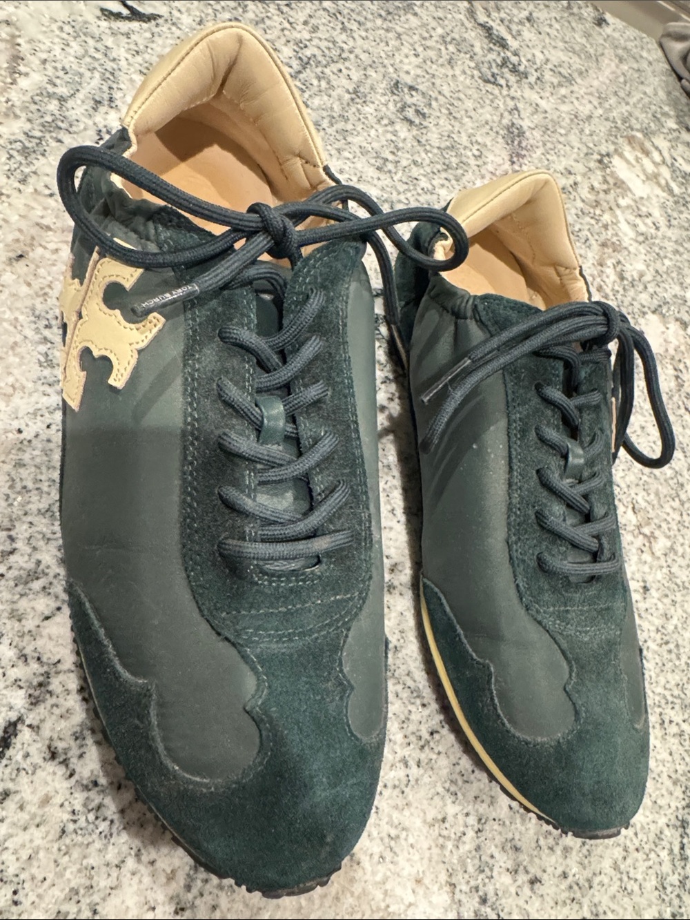 Tory Burch Dark Green Suede & Leather Sneakers with Tan Accents - Picture 3 of 6